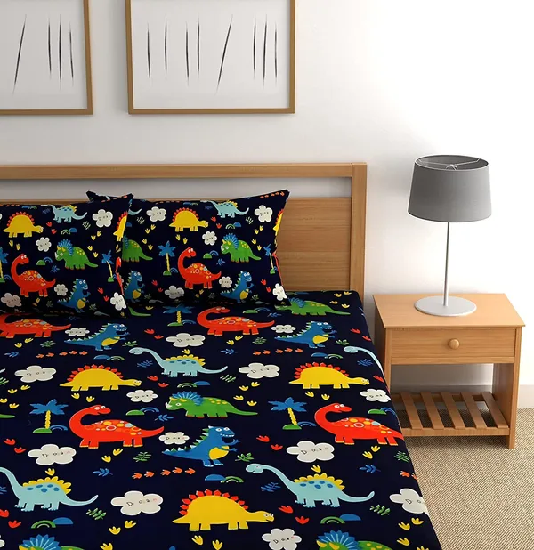 220TC_Elastic_Fitted_100%_Cotton_Feel_Printed_King_Size_Single_Bed_Bedsheet_with_1_Pillow_Cover_(36"x78"_Upto_6"_Mattress)_Blue_Dino